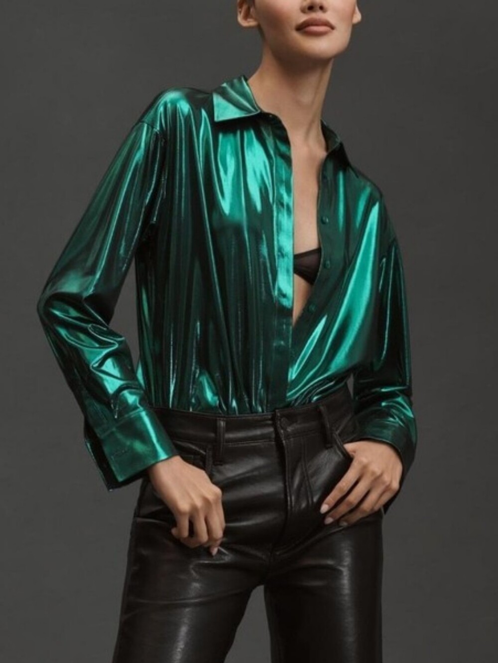 Anthropologie The Gillian Liquid Shine Buttondown Shirt Emerald Metallic Green